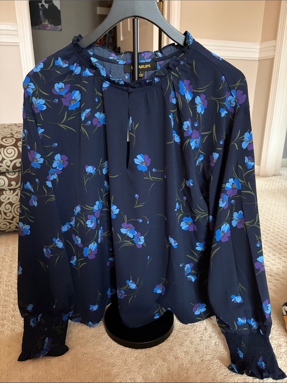 Sugarlips Navy Floral Long Sleeve Blouse with Blue & Purple Flowers